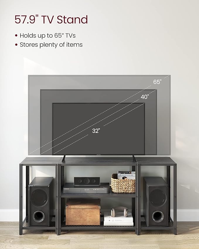 VASAGLE TV Stand for 65 Inches TVs, Industrial Entertainment Center, Modern TV Console with Open Storage Shelves for Living Room, Bedroom, Black ULTV105B22