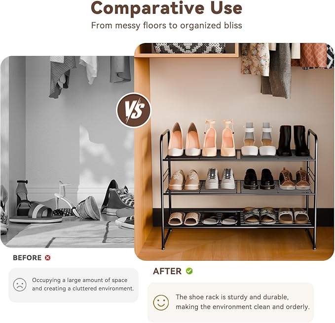 3 Tier Shoe Rack, 32.5" Wide Stackable Sturdy Metal Shoe Shelf Storage Organizer with Height-Adjustable for Entryway, Closet, Black