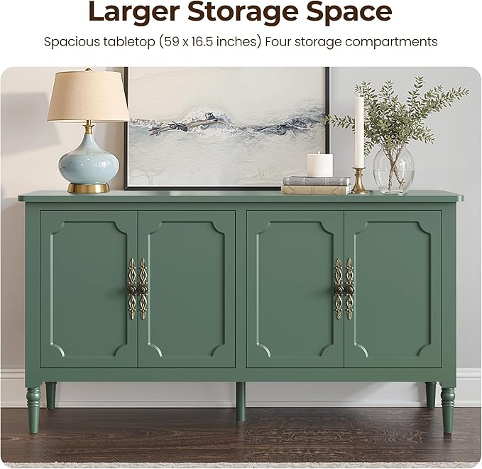 Console Table, 58'' Mid Century Modern Pantry Cabinet, Wood Buffet Sideboard, Media Credenza with 4 Doors, Accent Storage for Entryway, Living Room, Bedroom, Dining Room(Green1)