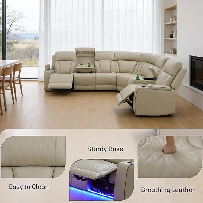 Power Reclining Sectional Sofa for Living Room - Reclining Couch with Console, Cup Holders, USB Ports and LED Lights, L-Shaped Home Theater Seating Set