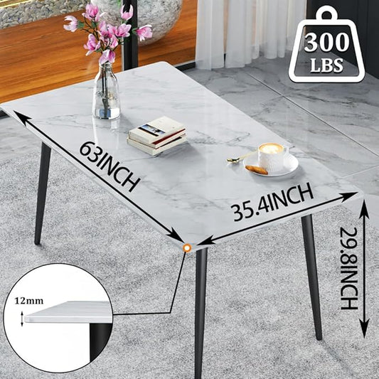 Sintered Stone Dining Table,63" Modern Faux Marble Kitchen Table, Grey Rectangular Slate Patio Table with Metal Legs, Indoor Outdoor Stone Dining Table，Scratch and Heat Resistant(63"x35.4")