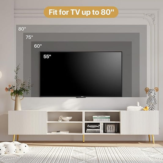 Modern 86in TV Stand for Living Room, Fluted Design Entertainment Center with Adjustable Shelves,Media TV Console Table with Storage for Bedroom,White