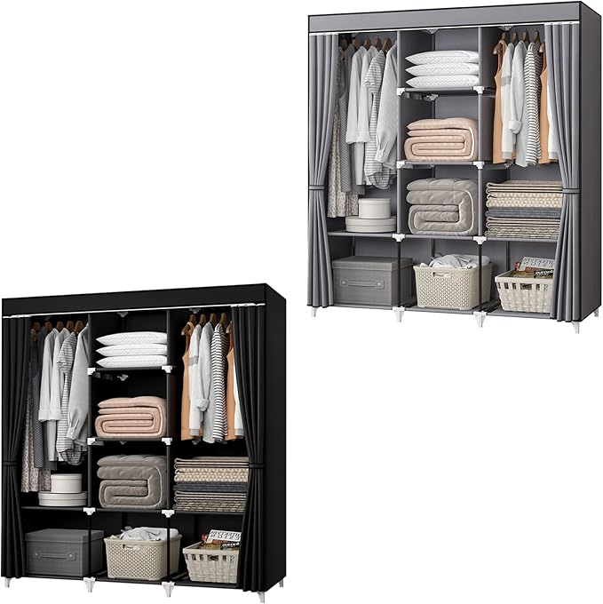51 Inch Grey Portable Closet Bundle with 51 Inch Black Portable Wardrobe with 4 Hanging Rods, 16 Storage Organizer Shelves, Durable and Easy to Assemble