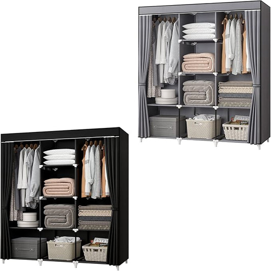 51 Inch Grey Portable Closet Bundle with 51 Inch Black Portable Wardrobe with 4 Hanging Rods, 16 Storage Organizer Shelves, Durable and Easy to Assemble