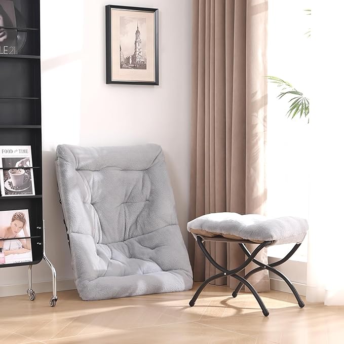 Comfy Saucer Chair with Ottoman, Oversized Folding Faux Fur Chair Soft Furry Lazy Chair with Metal Frame Moon Chair Accent Chair for Bedroom, Living Room, Dorm Rooms, Grey
