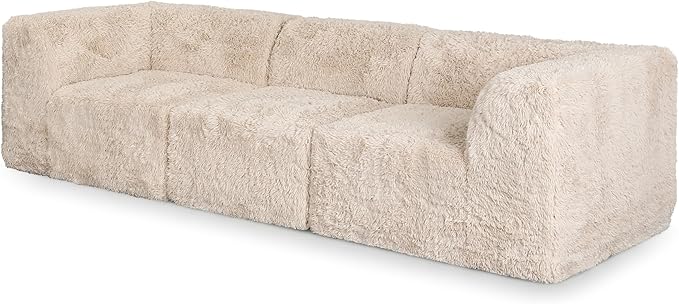 Furniture of America Havyn Modern Faux Fur 3-Seater Modular Foam Sofa with Curved Arms & Deep Seat, Compressed Couch in a Box, No Assembly Required, for Living Room and Office, Sand