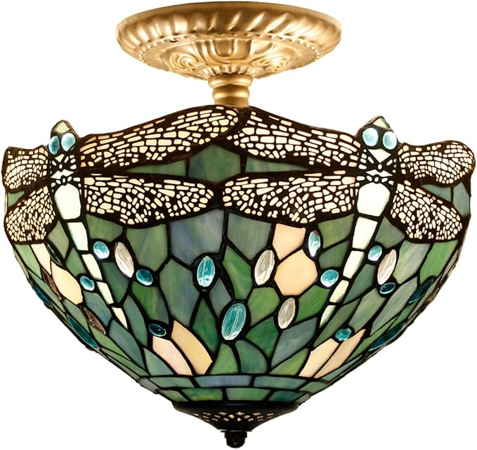 WERFACTORY Tiffany Lamp Shade Replacement 12X6 Inch Sea Blue Stained Glass Dragonfly Style Lampshade Only with Cap fit for Table lamp Pendant Light Ceiling Fixture (Part Not Included) S147 Series