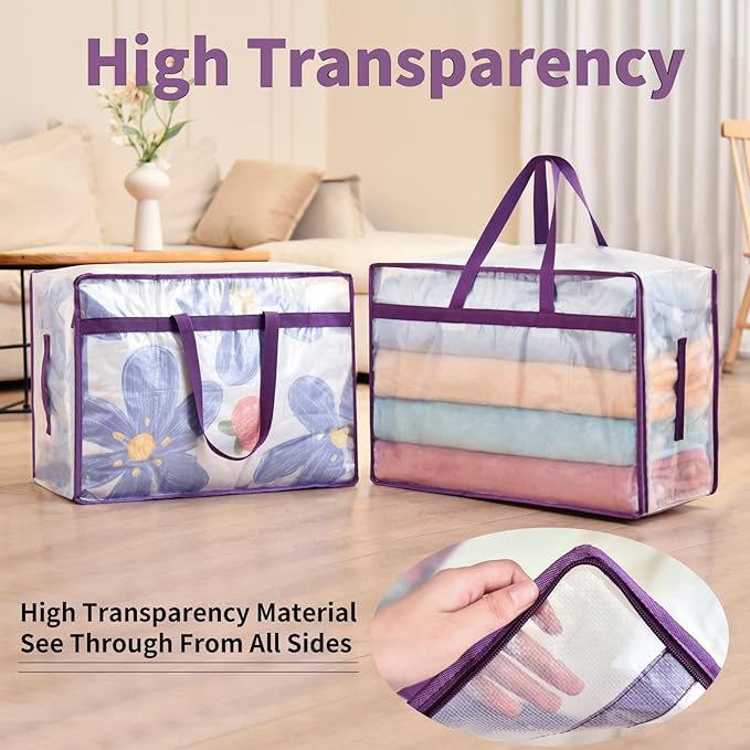 20 Gallon Large Clear Blanket Storage Bags for Bedding with Zipper Handles, 76L Oversized Comforter Storage Bag King Size, Folding Plastic Bedding Storage for Clothes, Bed Sheet, Pillow, Toys, 6Pack