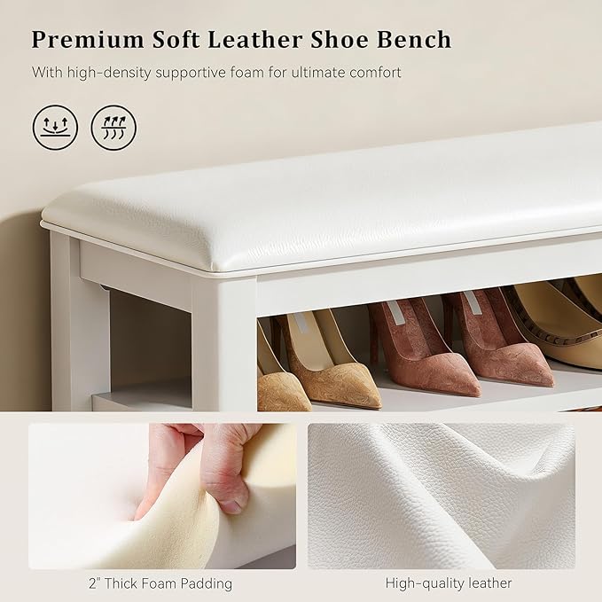 Shoe Bench Storage Rubberwood with Leather Cushion for Entryway Bench Ideal for Hallways Shoe Rack Front Doors Entrances Mudrooms Featuring 3 Height-Adjustable and Removable Shelves