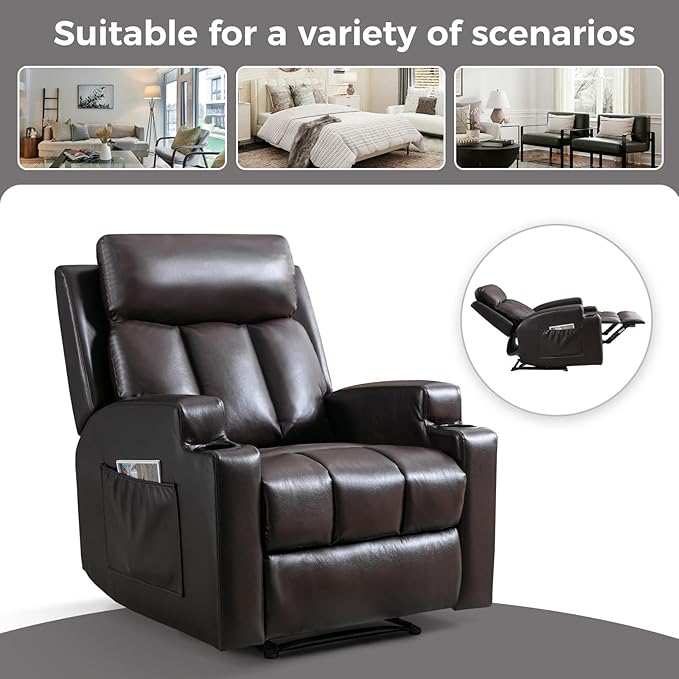 CANMOV Manual Massage Heat Recliner Chair Set of 3,Breathable Leather Recliner Chair with Armrest and Backrest, Manual Reclining Single Sofa with 2 Cup Holders, Side Pocket for Living Room,Dark Brown