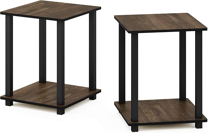 Furinno SIMPLISTIC Side Table Set of 2, 2-Tier Square Modern End Table, Nightstand, Night Stand, Bedside Table, Toolless Assembly, for Living Room, Bedroom, Columbia Walnut
