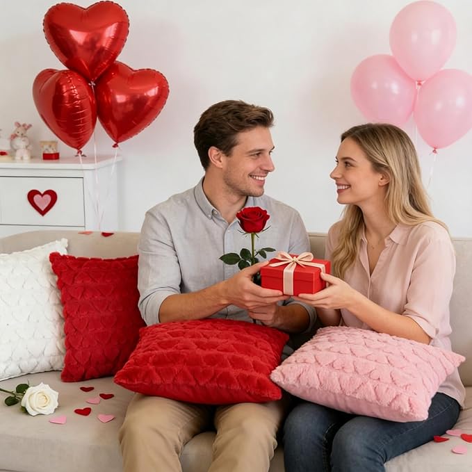 Valentine Pillow Covers 18x18 Set of 2, Valentine Decorations Indoor Love Heart Soft Plush Faux Fur Throw Pillow Covers for Bedroom Red Pillowcase Living Room Sofa Holiday Home Decor