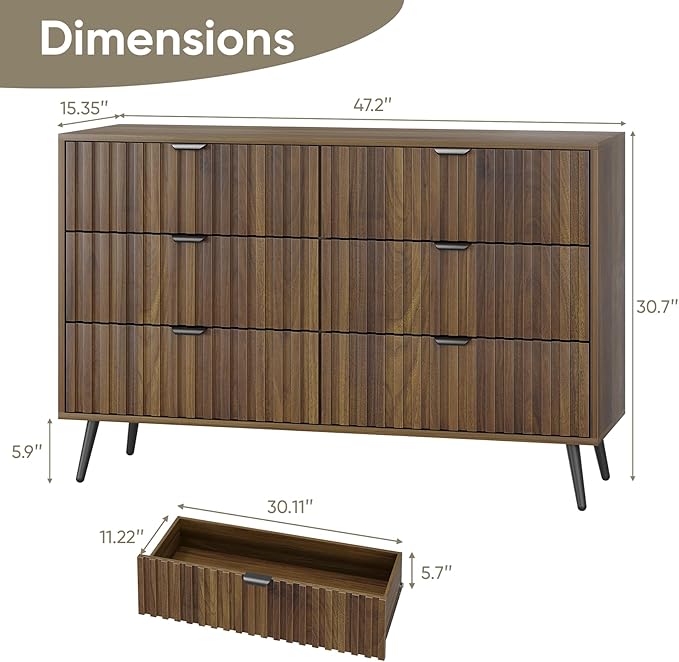 Fluted 6 Drawers Dresser, 47.24" W Modern Chest of Drawers, Mid- Century Modern Wooden Dresser Drawer Organizer for Bedroom, Living Room, Hallway, Entryway, Walnut