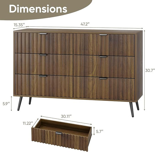 Fluted 6 Drawers Dresser, 47.24" W Modern Chest of Drawers, Mid- Century Modern Wooden Dresser Drawer Organizer for Bedroom, Living Room, Hallway, Entryway, Walnut