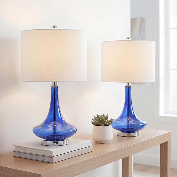 JONATHAN Y 25.5" Cobalt/Chrome Glass Teardrop Table Lamp Set of 2 for Bedroom, Modern Bedside Lamps for Living Room, White Linen Drum Shade, LED Bulbs Included (JYL1081D-SET2)