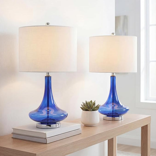 JONATHAN Y 25.5" Cobalt/Chrome Glass Teardrop Table Lamp Set of 2 for Bedroom, Modern Bedside Lamps for Living Room, White Linen Drum Shade, LED Bulbs Included (JYL1081D-SET2)