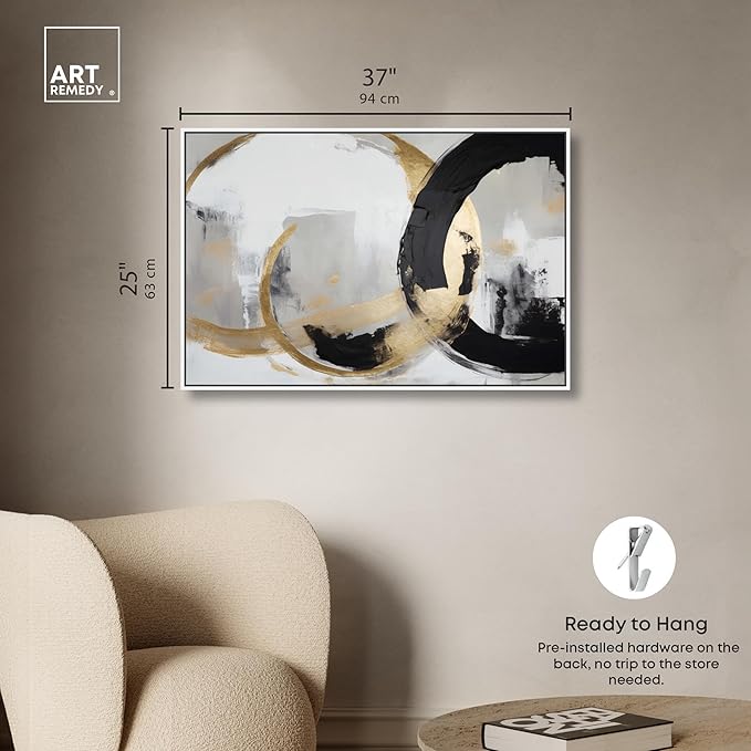 Art Remedy Another Dimension Canvas Modern Black White Abstract Wall Art, White Frame, 36" x 24"
