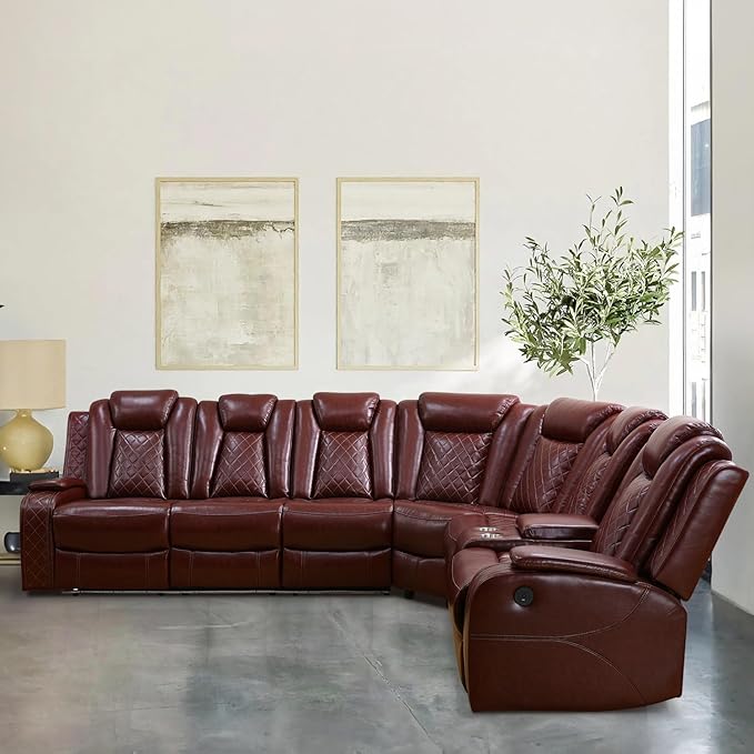 Power Recliner Sectional Sofa with LED Light, Breathing Leather Recliner Sofa Couch with Storage/Cup Holder for Living Room Home Office Theater (Red)