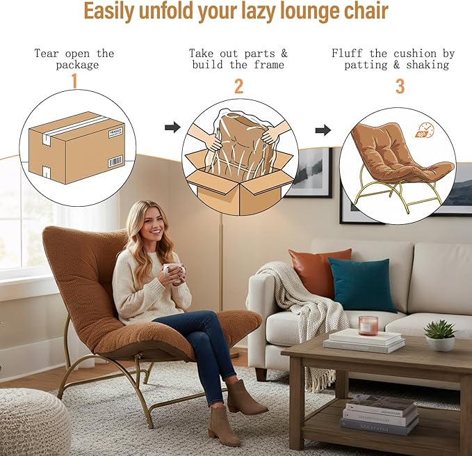 Tiita Accent Lazy Chair, Comfy Lounge Chair with Metal Frame and Plush Fabric, Spacious Seat Cozy Recliner Chair for Reading Room, Living Room, Bedroom, Office, Brown