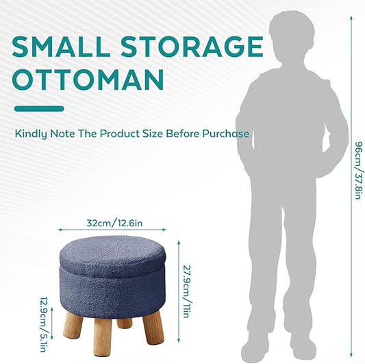Small Foot Stool Ottoman with Storage, Sherpa Ottoman Foot Rest for Couch, Round Footstool with Storage, Small Ottomans and Footstools for Living Room and Entryway (Navy Blue)