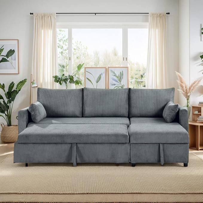Sectional Sleeper Sofa with Pull Out Bed, L Shape Convertible Sofa Bed Couch with Storage Chaise, 3 in 1 Pull Out Sofa Bed with 3 Seats for Living Room,Apartment, Gray, 85Inch