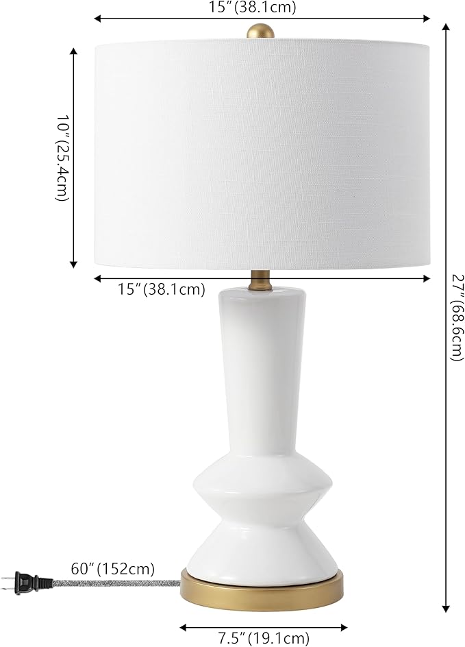 JONATHAN Y 27" White/Gold Modern Ceramic Table Lamp for Bedroom Living Room, with White Linen Shade, Glam Geometric Bedside Nightstand Lamp, LED Bulb Included JYL6607A