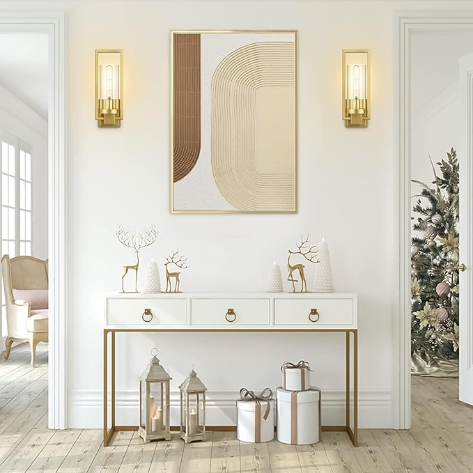 CINOTON Golden Wall Sconces Set of 2, 15" Brushed Gold Wall Mounted Lamp, Hardwired AC 120V Wall Sconces Vintage Vanity Light Fixtures with Clear Glass, Wall Lights for Living Room, Hallway, Bedroom