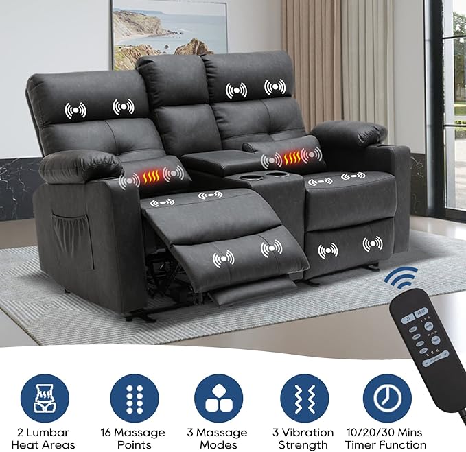 68'' RV Power Loveseat Recliner Sofa with Heat and Massage| RV Loveseat Recliner with Console| Double Reclining Couch with Cup Holder (PU, Black-Gray) | Double Seat, Electric Recliner