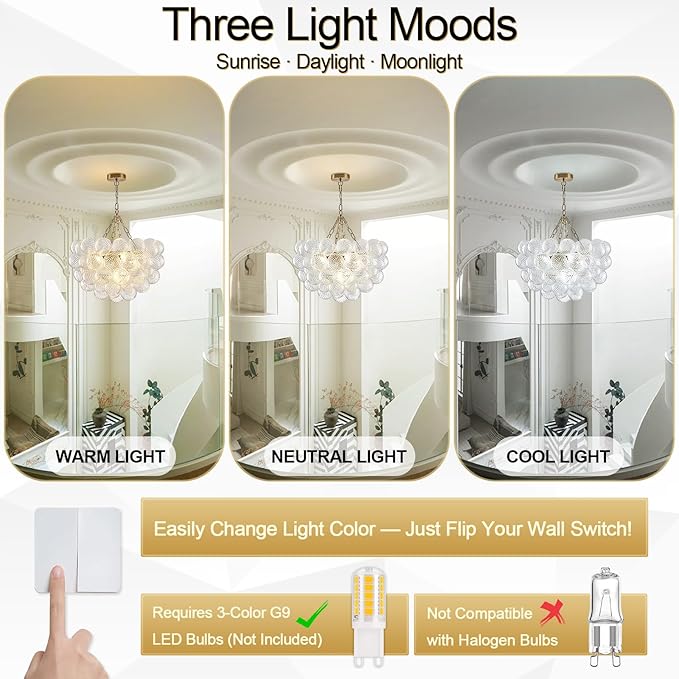 Dia 24" Bubble Chandelier, 5-Light Clear Hand Blown Glass Chandelier Gold Brass Chandeliers for Living Room Globe Ball Modern Chandeliers for Dining Room Foyer Bedroom Entry(G9 LED Bulb Base)