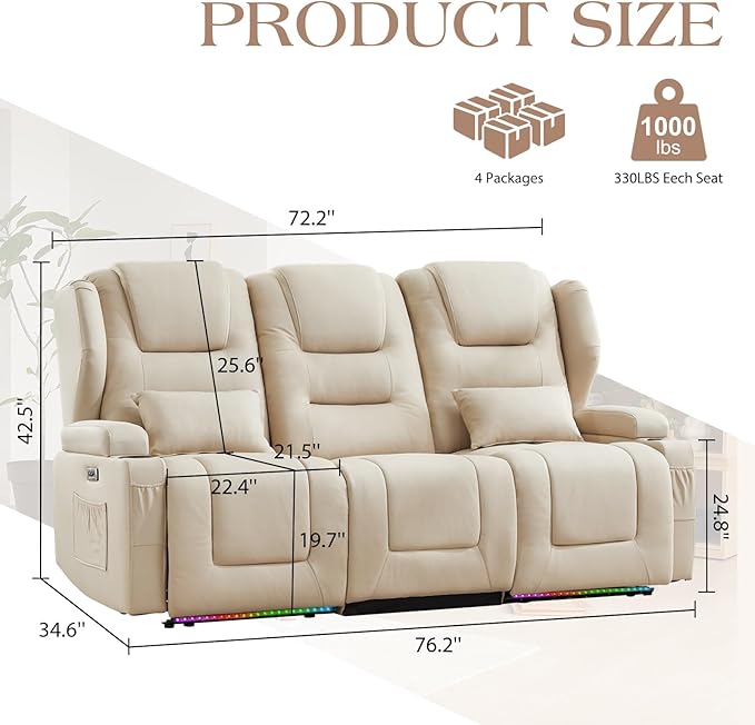 Oprisen 3-Seater Power Recliner Sofa Couch Flip Middle Backrest Reclining Sofa Chair for Living Room with Charging Station/Cup Holders/LED Ambient Light