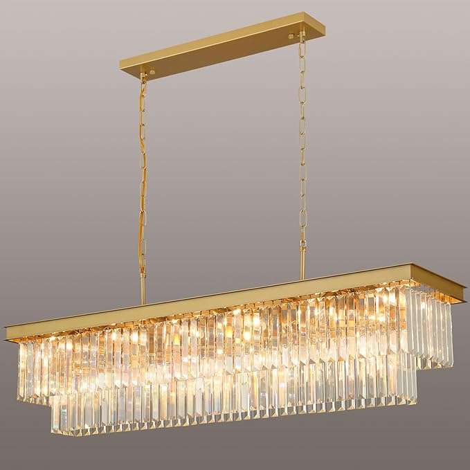 Crystal Chandeliers for Dining Room Light Fixtures Over Table，18-Lights Gold Modern Rectangle Chandeliers for Kitchen Island Bar L46 Inch
