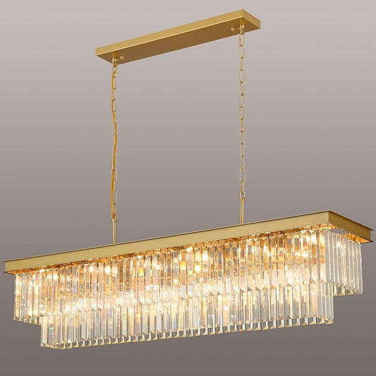 Crystal Chandeliers for Dining Room Light Fixtures Over Table，18-Lights Gold Modern Rectangle Chandeliers for Kitchen Island Bar L46 Inch