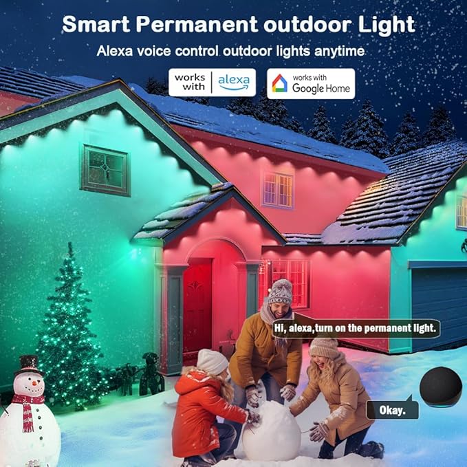 Permanent Outdoor Christmas Lights 100ft,Smart RGB Color Changing Eave Lights with 63 Scene Modes, IP67 Waterproof Permanent Holiday Lamps Outdoor,APP,Voice,Remote Control