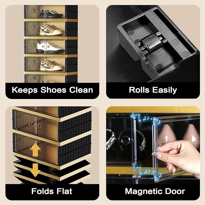 Portable Shoe Rack Organizer 9 Tiers 18 Pairs Collapsible Shoe Cabinet Foldable Shoe Storage Boxes Magnetic Doors, Folding Sneaker Organizer, Easy Assembly Shoe Shelf for Closet, Black Gold