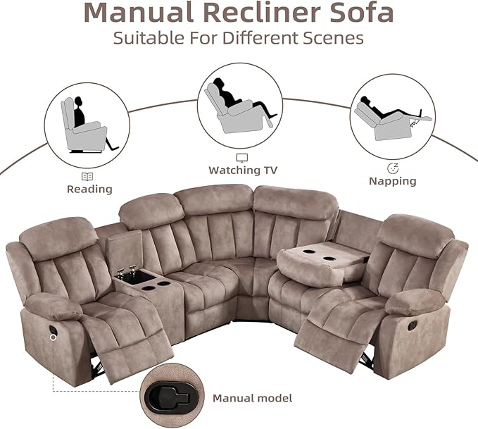 EBELLO Manual Reclining L-Shaped Sectional Sofa Set, Soft Fabric Corner Couch with Center Console, Cup Holders and Storage – Perfect Living Room Home Set Furniture, Light Brown