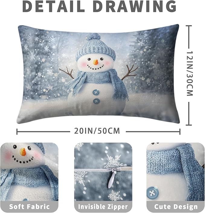 Blue Snowman Lumbar Throw Pillow Covers Winter Pillow Covers 12x20 Snowflakes Pillow Case Double Sided Printing Rectangular Cushion Case for Home Decor Couch Sofa Set of 2