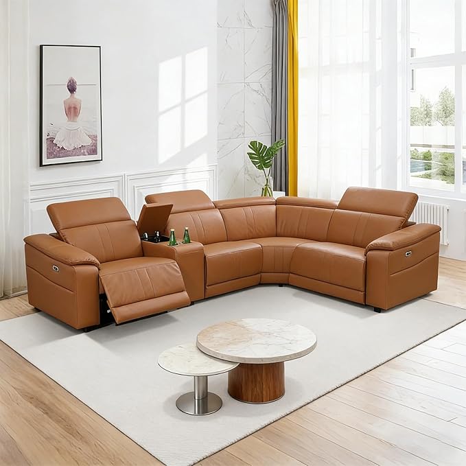Power Reclining Sectional Sofa with Console，4 Seats Leather Sectional Couch Living Room Set L Shaped Couch with Cup Holders/USB Charging/Manual Adjustable Headrests,Ginger
