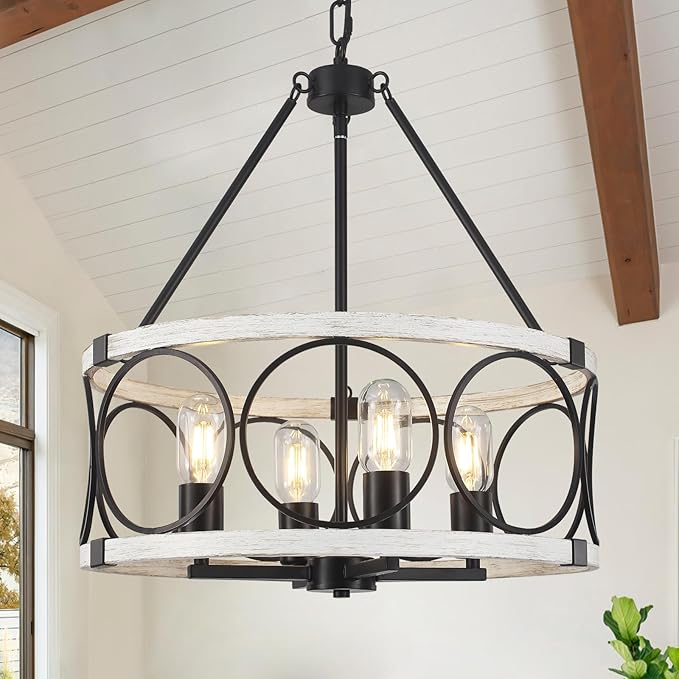 Farmhouse Chandelier for Dining Room 4 Light, 17.71" Round Farmhouse Light Fixture, Rustic Kitchen Lighting Fixtures Hanging Drum Chandeliers for Entryway Foyer Bedroom-Black & White Oak