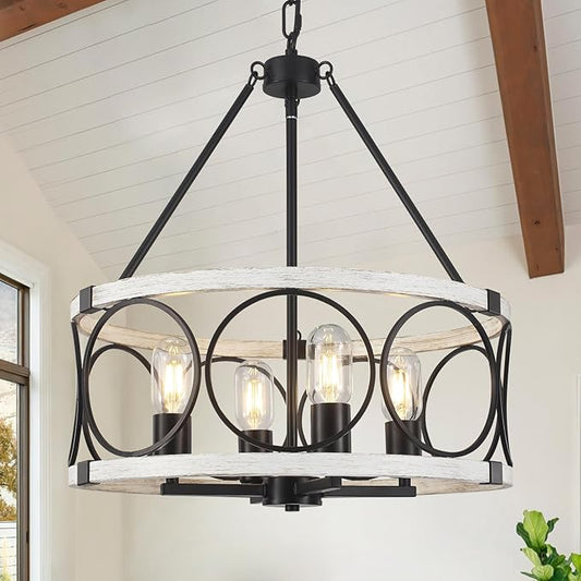 Farmhouse Chandelier for Dining Room 4 Light, 17.71" Round Farmhouse Light Fixture, Rustic Kitchen Lighting Fixtures Hanging Drum Chandeliers for Entryway Foyer Bedroom-Black & White Oak