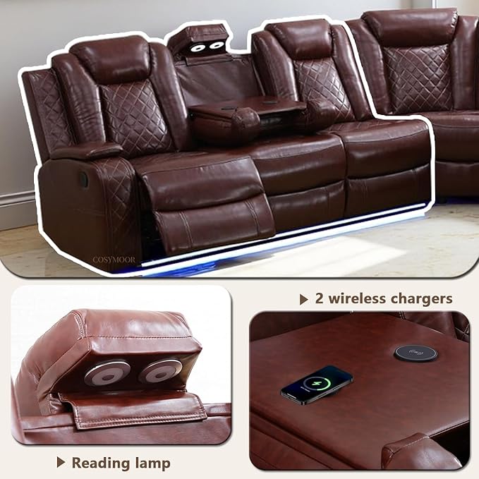 Power Recliner Sectional Sofa Set with LED, Luxury Breathing Leather Reclining Corner Couch Set, 9 Seat L-Shaped Sofa Couch Set with 3 Seats Sofa, Cup Holders/Storage for Living Room