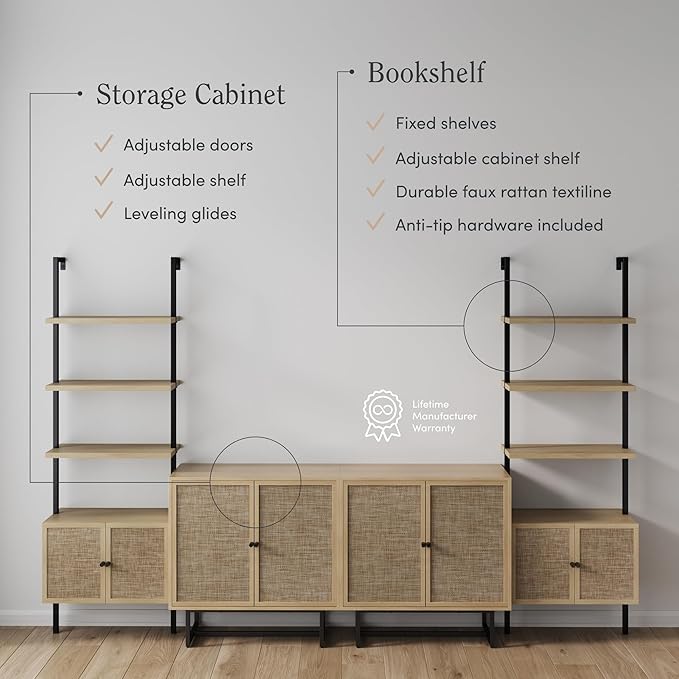 Nathan James Kova Boho Rattan and Wood TV Wall Shelving Unit Accent Storage Cabinet with Metal Frame and Cane Doors, Light Oak/Black