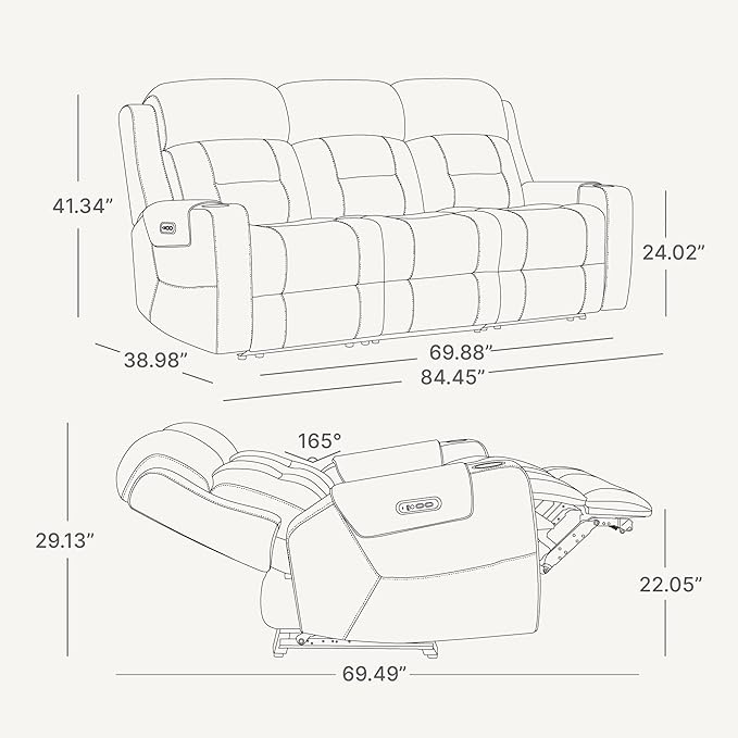 Watson & Whitely Genuine Leather Power Reclining Sofa, 3-Seater Lay Flat Recliner Sofa with Power Headrest, Cup Holders, USB & Type-C Ports, Electric Reclining Couch for Living Room, Grey