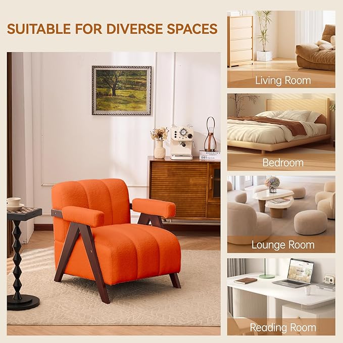 Accent Chairs Set of 2 Mid-Century Modern with Wide Backrest for Bedroom, Upholstered Living Room Chair with Wooden, Lounge Armchair with Thick Cushion, Cute Teddy Comfy Chair, Orange