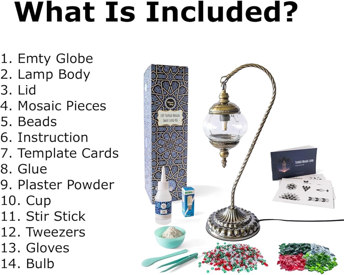 KRAFTSTORIES DIY Turkish Mosaic Lamp Craft Kit| Large Swan Neck Making Kit for Adults| Family Couple Relaxing Creative Activity Gift| Moroccan Table Lamp| Make Your Own Lamp (Christmas)