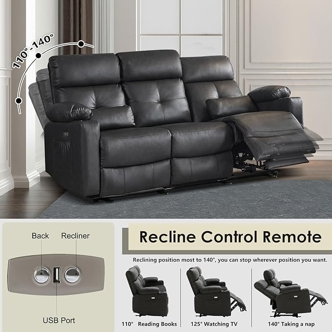 Power Reclining Sofa with Heat and Massage, Electric Reclining Couch with Extended Footrest, Wall Hugger Recliner Sofa 3 Seater with USB Ports & Cup Holders for Living Room, Bedroom