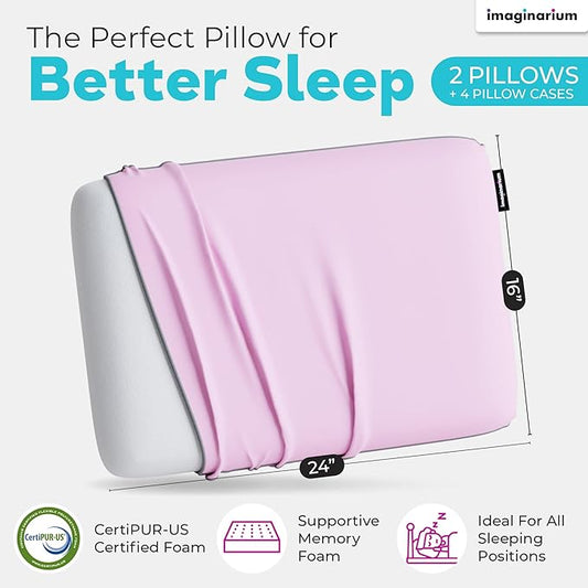 Imaginarium 2 Pack Memory Foam Pillows for Bed – 16" x 24" Standard – Fun Decorative Colorful Pillow for Sleeping – Back, Stomach & Side Sleepers – Includes 2 Extra Cooling Covers (Pale Pink)