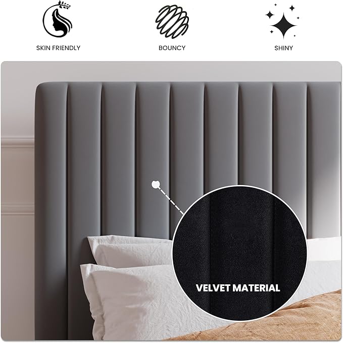 SHA CERLIN King Upholstered Platform Bed Frame with Vertical Channel Tufted Velvet Fabric Adjustable Headboard, Wooden Slats Support, Mattress Foundation, Box Spring Optional, Grey
