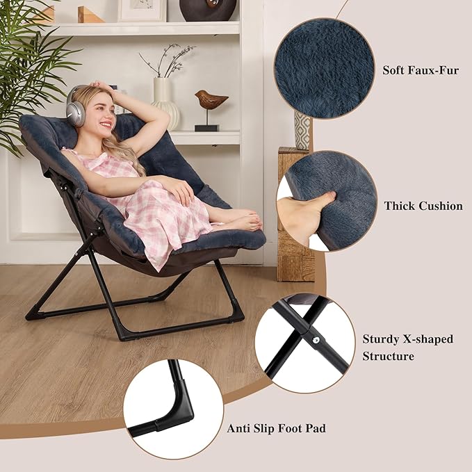 Comfy Saucer Chair for Adults, Set of 2, Soft Faux Fur Bedroom Chair, Accent Dorm Chairs, Flexible Living Room Reading Chairs, Oversized Folding Seat for Teens, X-Large, Navy Blue