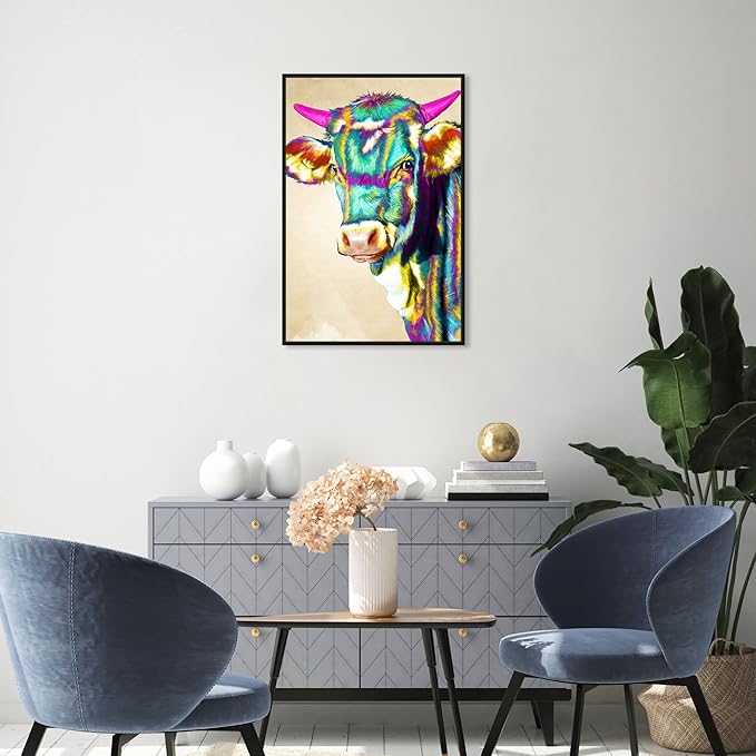 Country Farmhouse Canvas Print Painting Animal Wall Art 'Fun Colorful Glam Farm Cow' Black Framed Canvas Rustic Home Décor 20x30 in Green, Pink by Oliver Gal