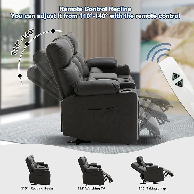 68'' RV Power Loveseat Recliner Sofa with Heat and Massage| RV Loveseat Recliner with Console| Double Reclining Couch with Cup Holder (PU, Black-Gray) | Double Seat, Electric Recliner
